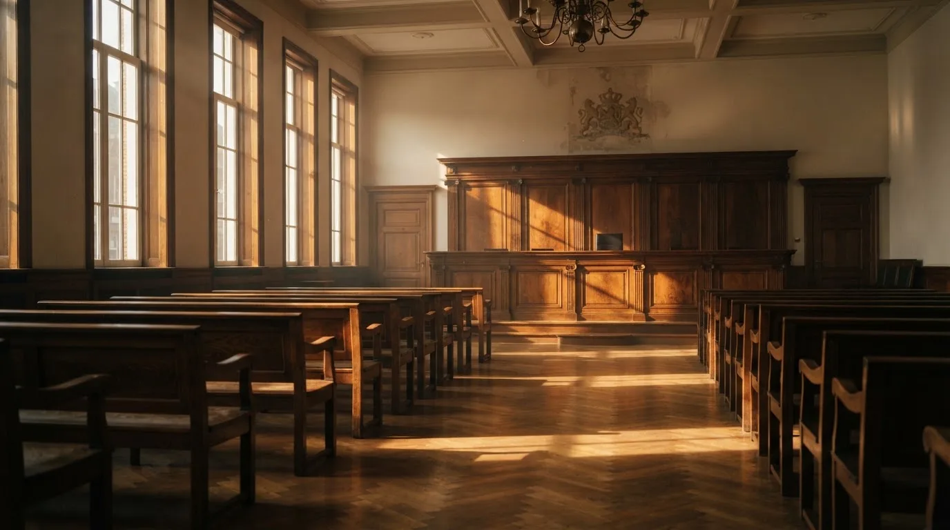 Een lege rechtszaal met houten banken in het ochtendlicht