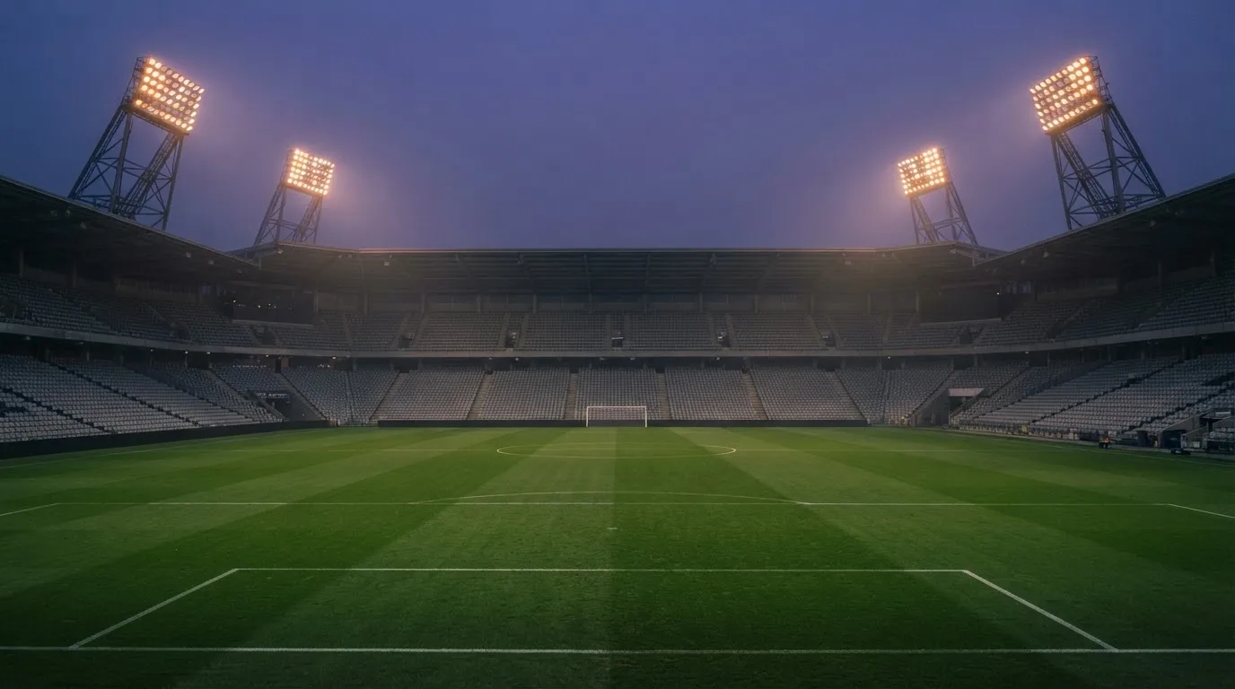 Een leeg voetbalstadion met lichtmasten bij schemering