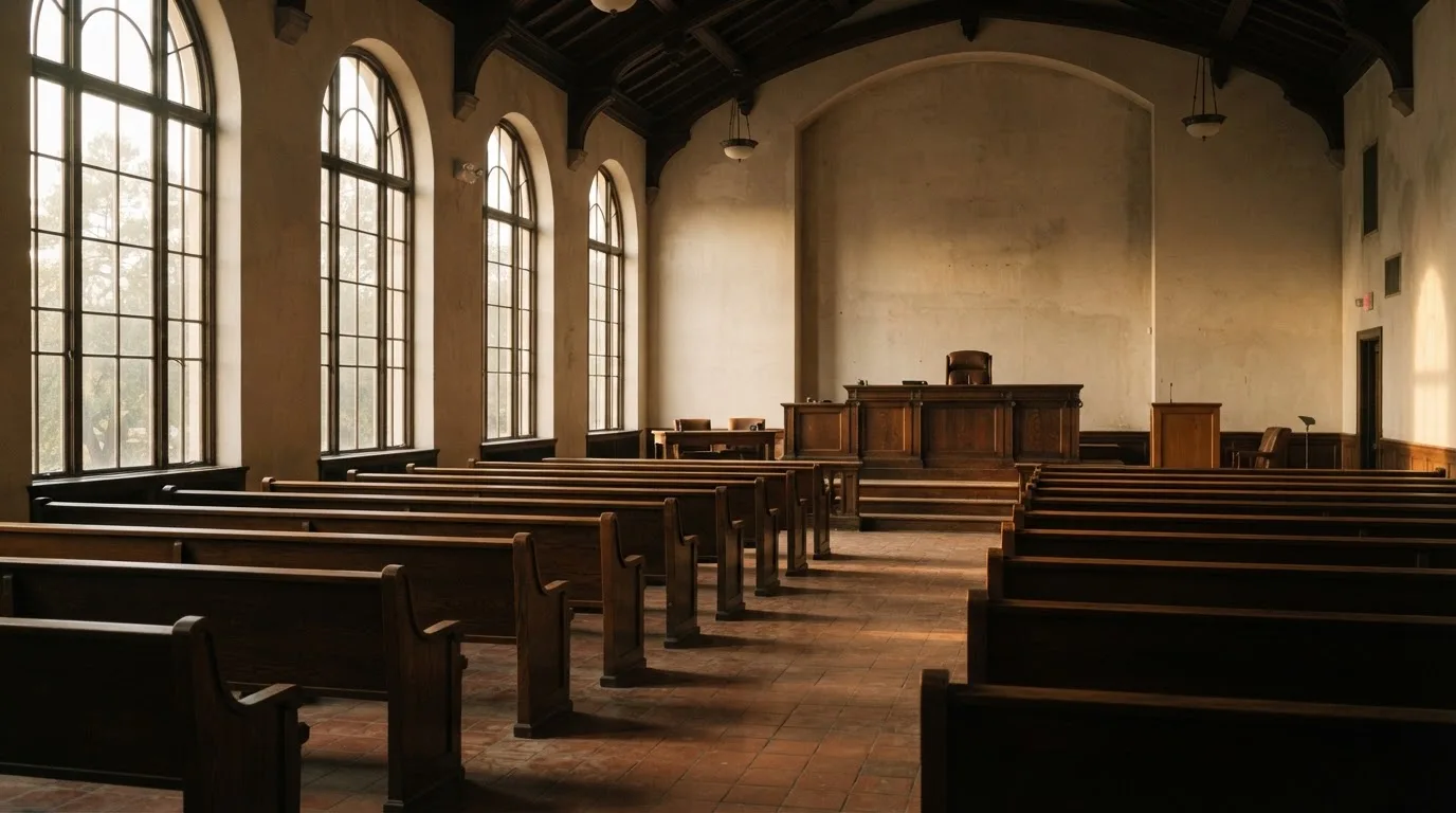 Een lege rechtszaal met houten banken in het ochtendlicht