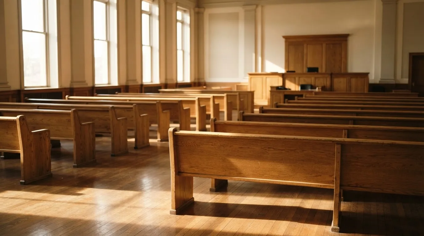 Een lege rechtszaal met houten banken in het ochtendlicht