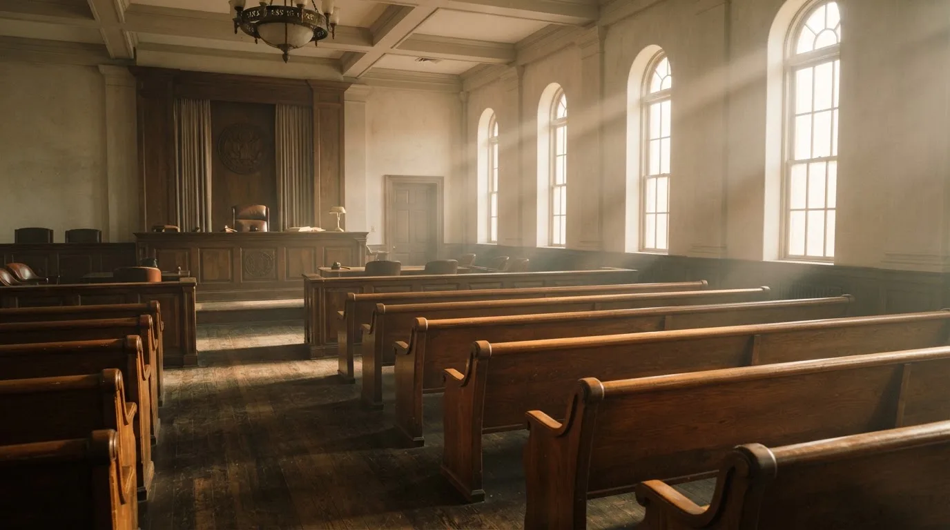 Een lege rechtszaal met houten banken in het ochtendlicht