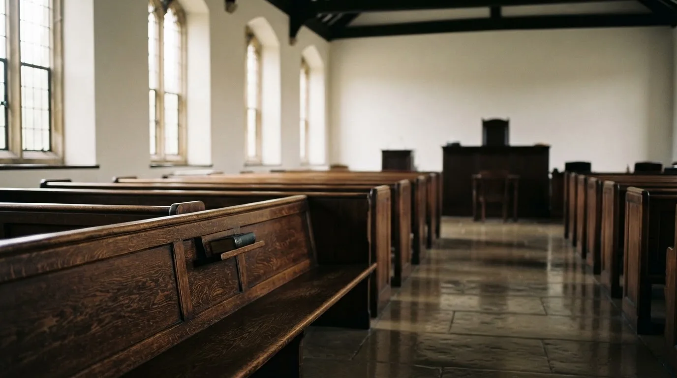 Een lege rechtszaal met houten banken in het ochtendlicht
