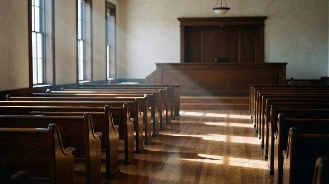 Een lege rechtszaal met houten banken in het ochtendlicht