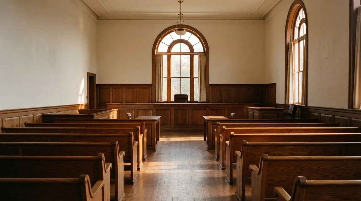 Een lege rechtszaal met houten banken in het ochtendlicht