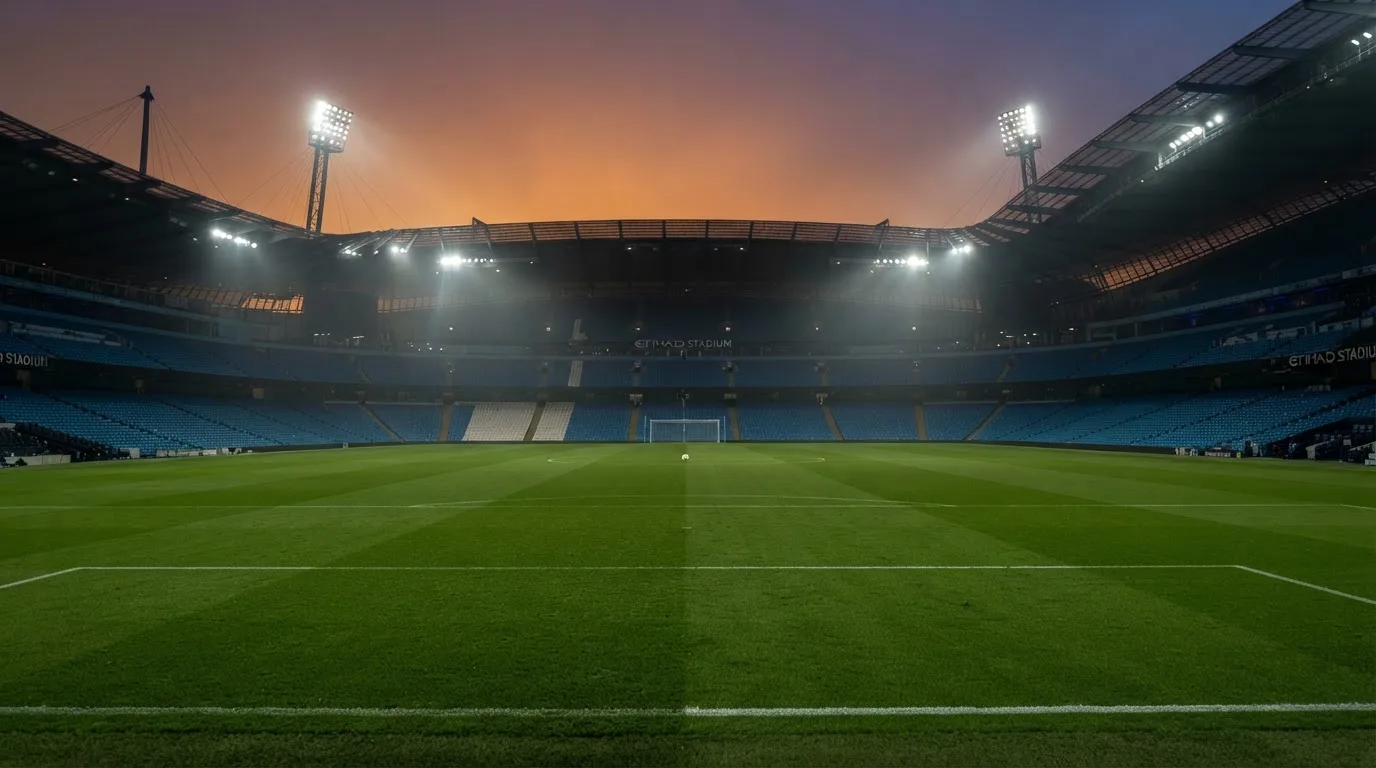 Een leeg voetbalstadion met lichtmasten bij schemering