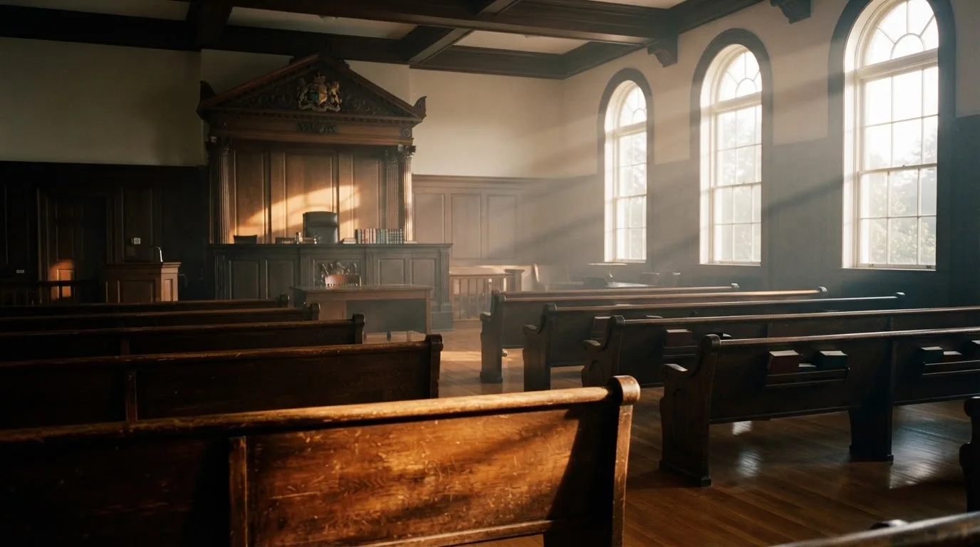 Een lege rechtszaal met houten banken in het ochtendlicht