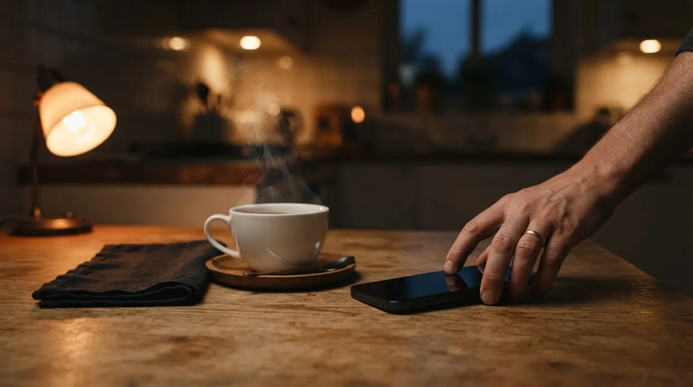 Een hand legt een smartphone naast een kopje thee op een keukentafel, een rustige avond