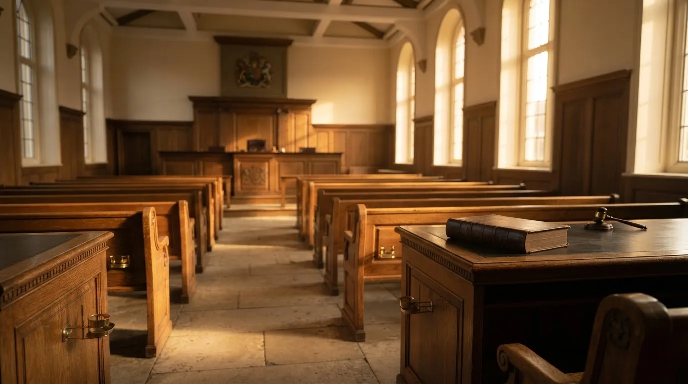 Een lege rechtszaal met houten banken in het ochtendlicht