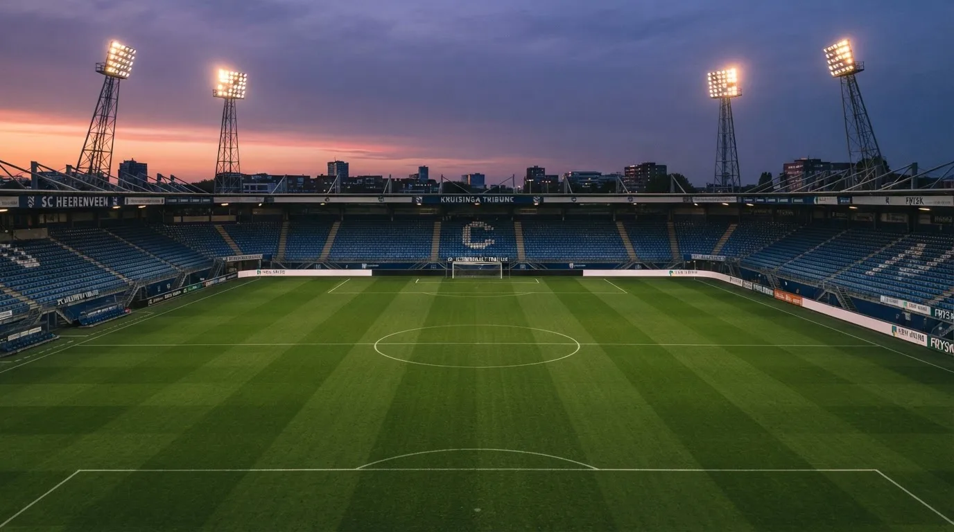 Een leeg voetbalstadion met lichtmasten bij schemering