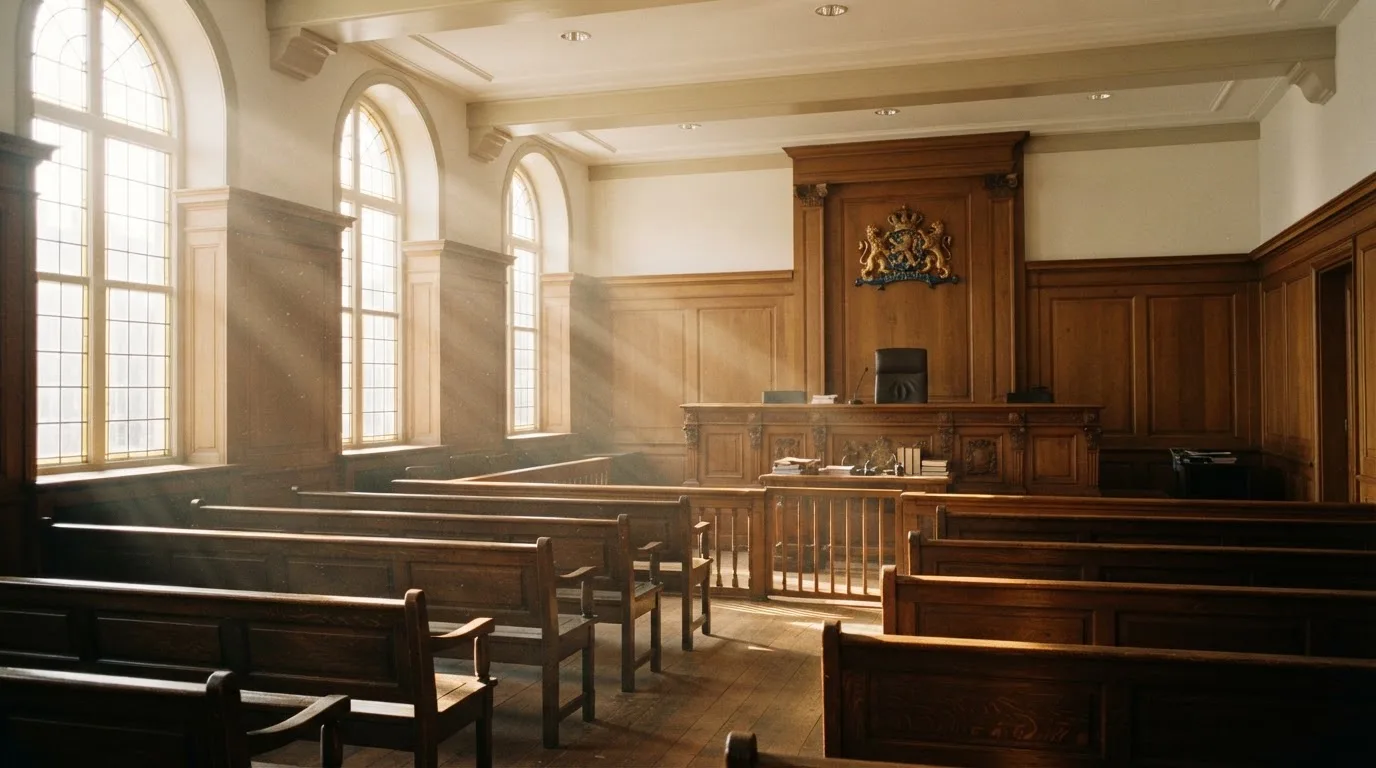 Een lege rechtszaal met houten banken in het ochtendlicht