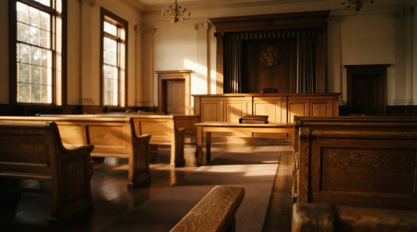 Een lege rechtszaal met houten banken in het ochtendlicht