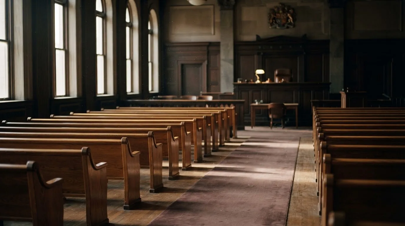 Een lege rechtszaal met houten banken in het ochtendlicht