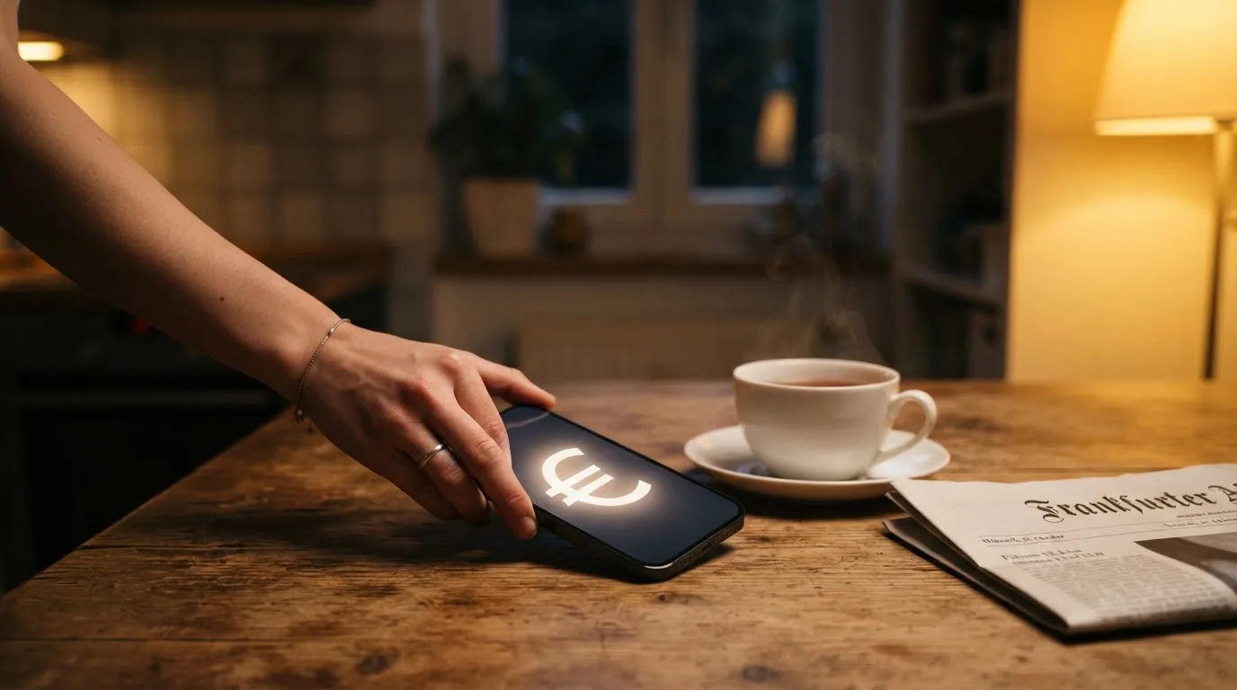 Een hand legt een smartphone naast een kopje thee op een keukentafel, een rustige avond