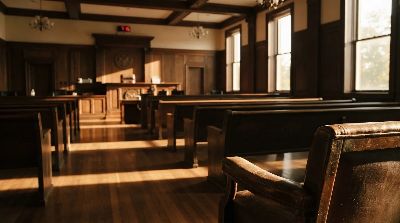 Een lege rechtszaal met houten banken in het ochtendlicht