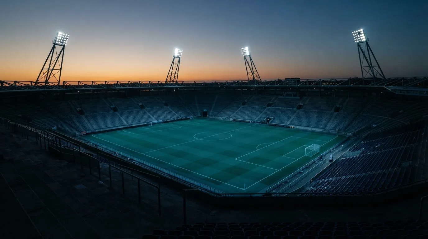 Een leeg voetbalstadion met lichtmasten bij schemering
