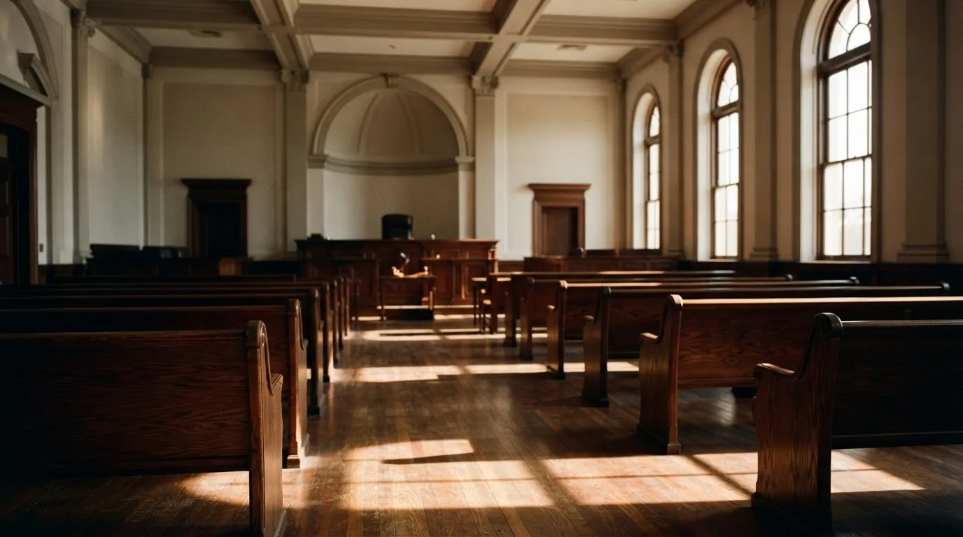 Een lege rechtszaal met houten banken in het ochtendlicht
