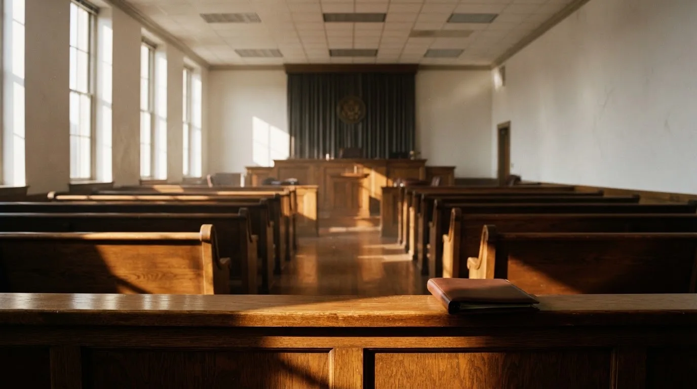 Een lege rechtszaal met houten banken in het ochtendlicht
