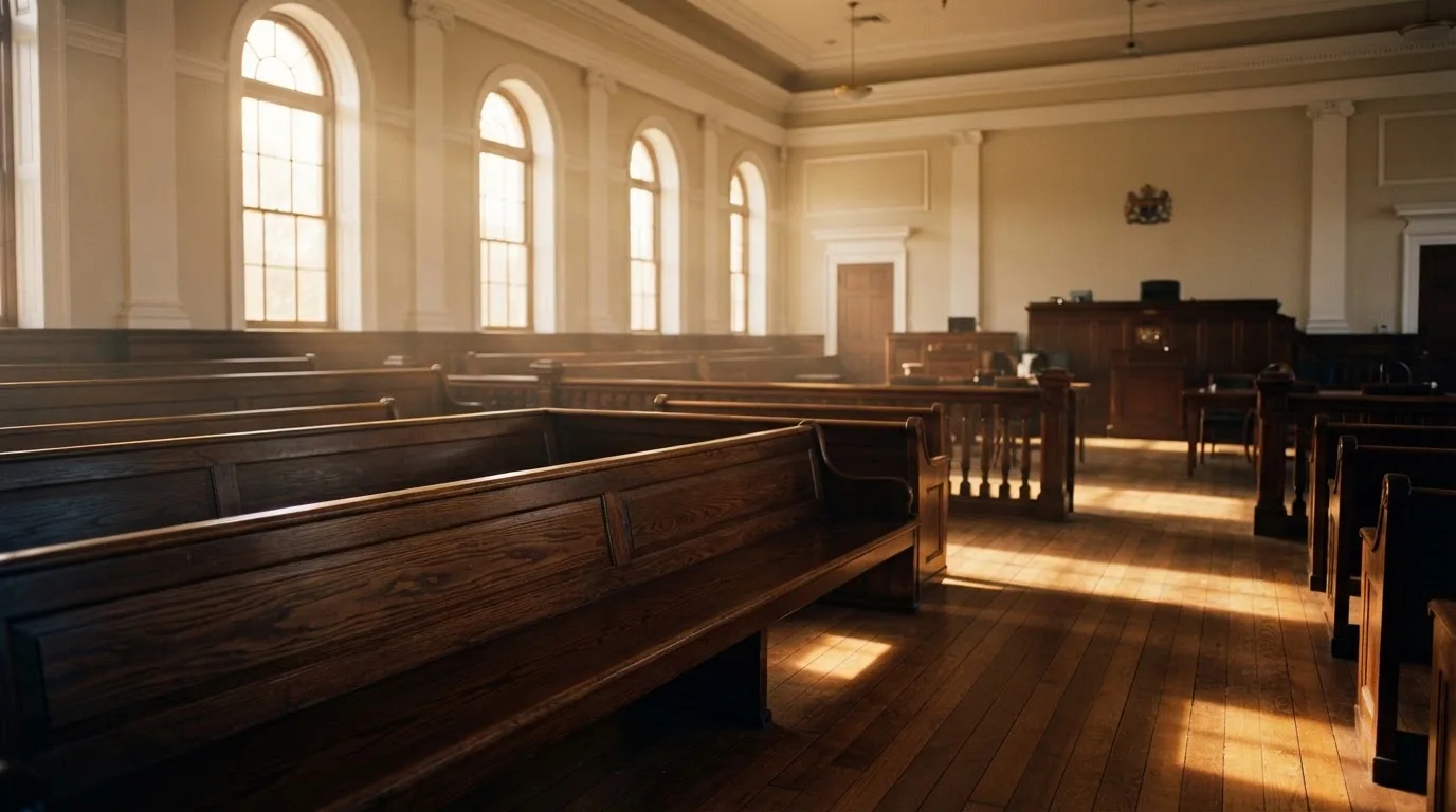 Een lege rechtszaal met houten banken in het ochtendlicht