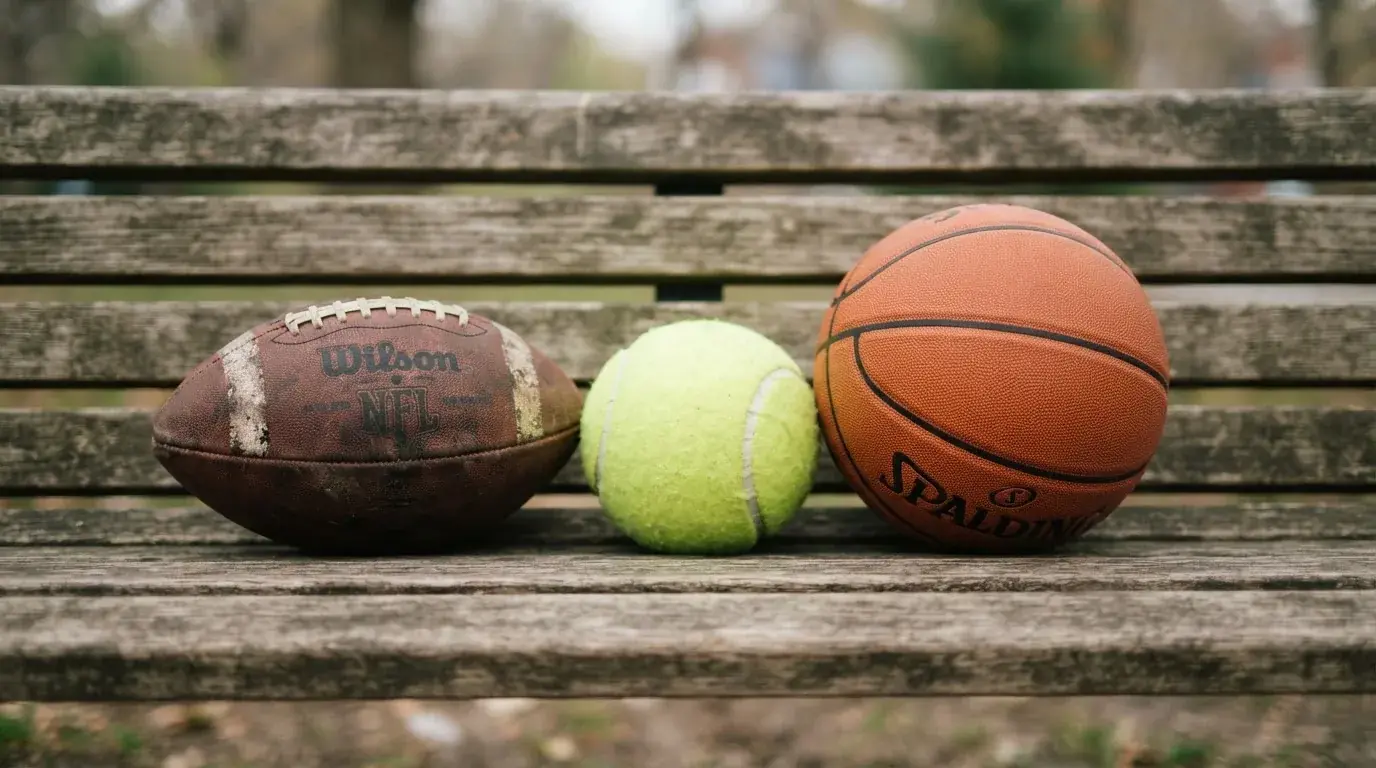 Drie ballen van verschillende soorten naast elkaar op een houten bank