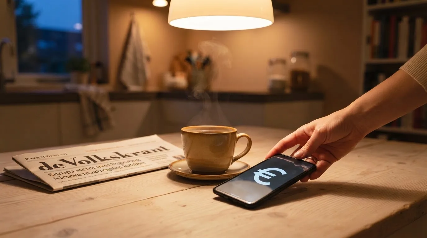 Een hand legt een smartphone naast een kopje thee op een keukentafel, een rustige avond
