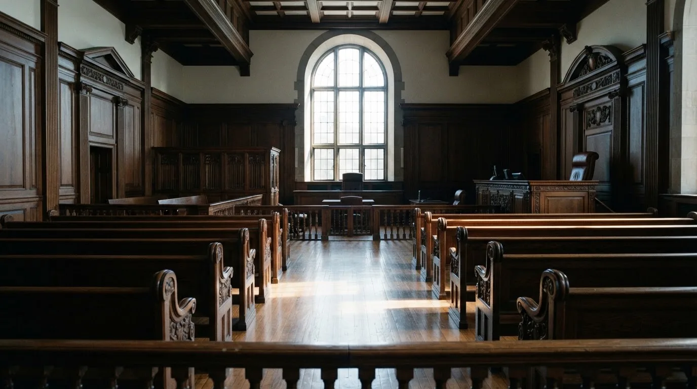 Een lege rechtszaal met houten banken in het ochtendlicht