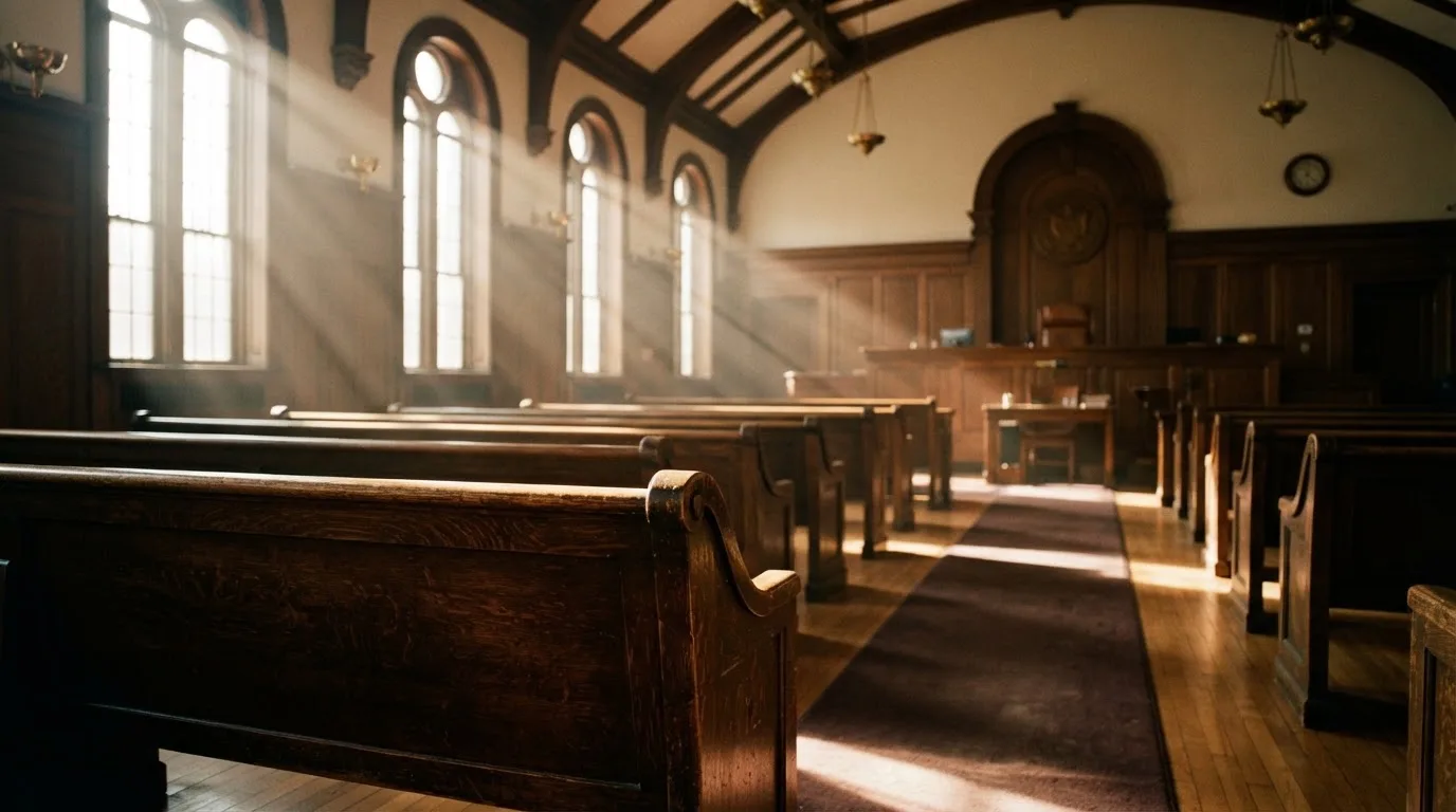 Een lege rechtszaal met houten banken in het ochtendlicht