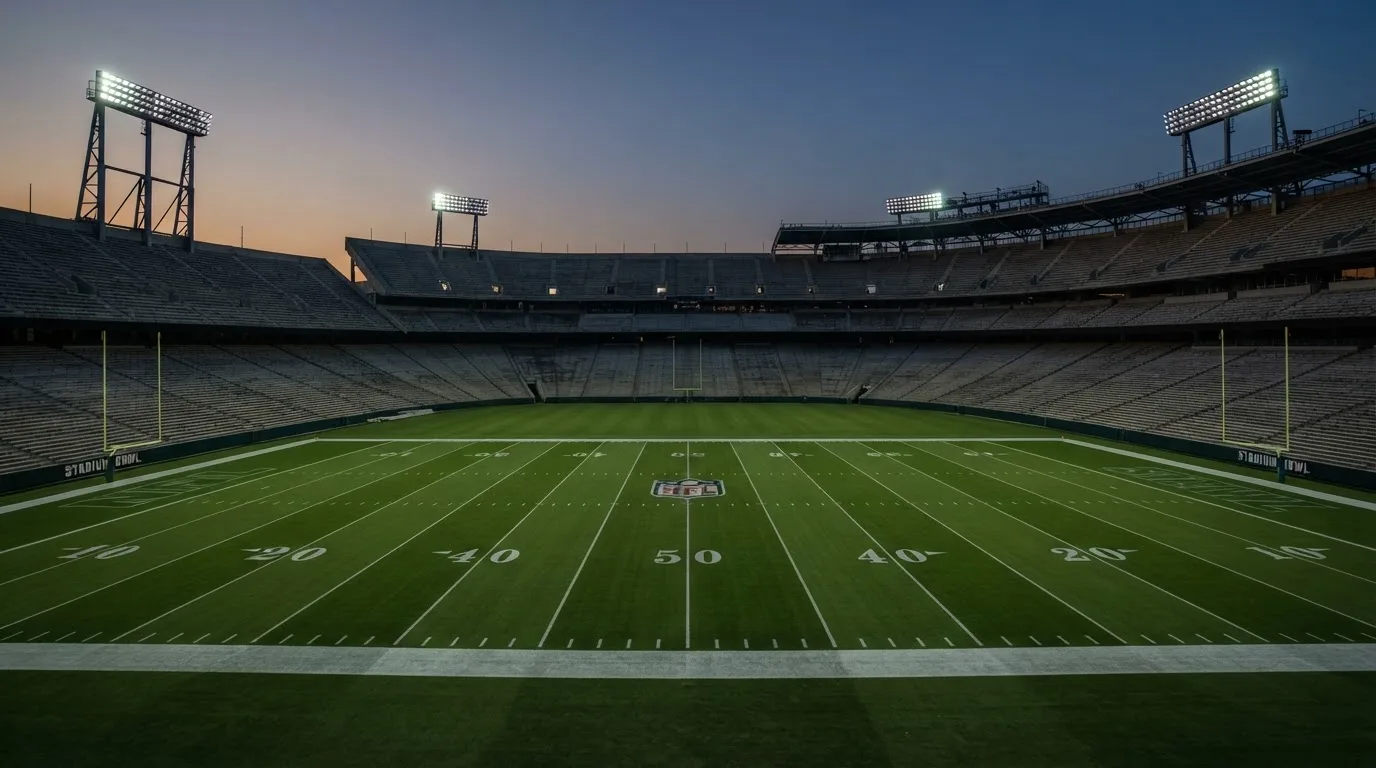 Een leeg voetbalstadion met lichtmasten bij schemering
