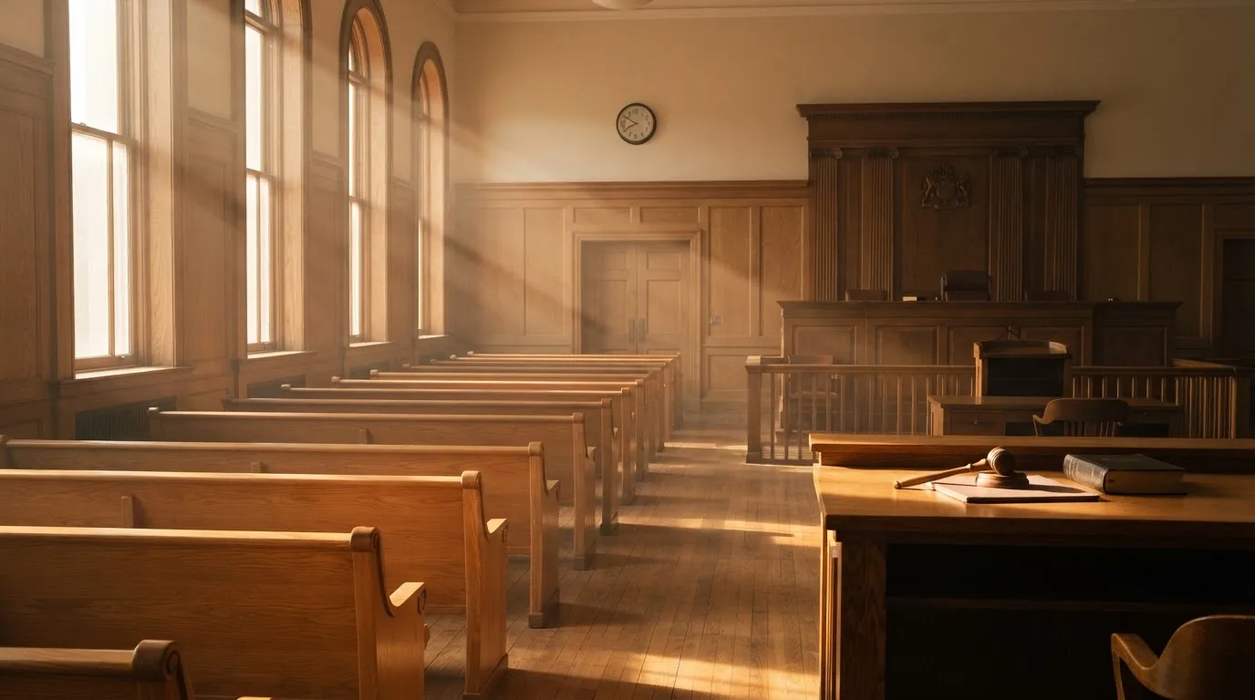 Een lege rechtszaal met houten banken in het ochtendlicht