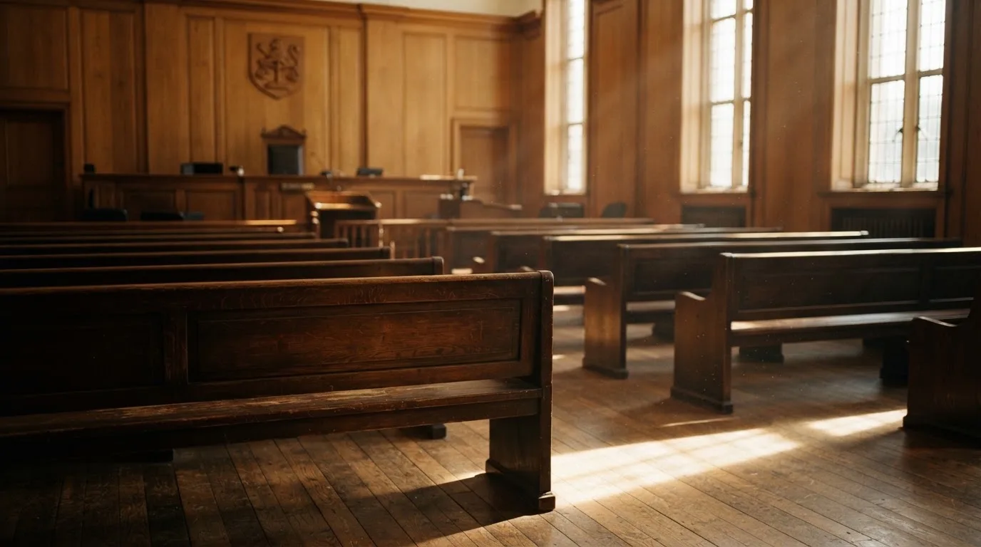 Een lege rechtszaal met houten banken in het ochtendlicht