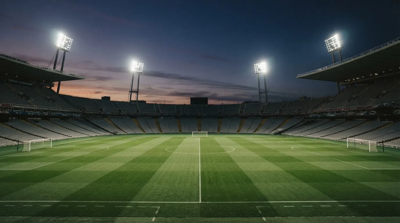 Een leeg voetbalstadion met lichtmasten bij schemering