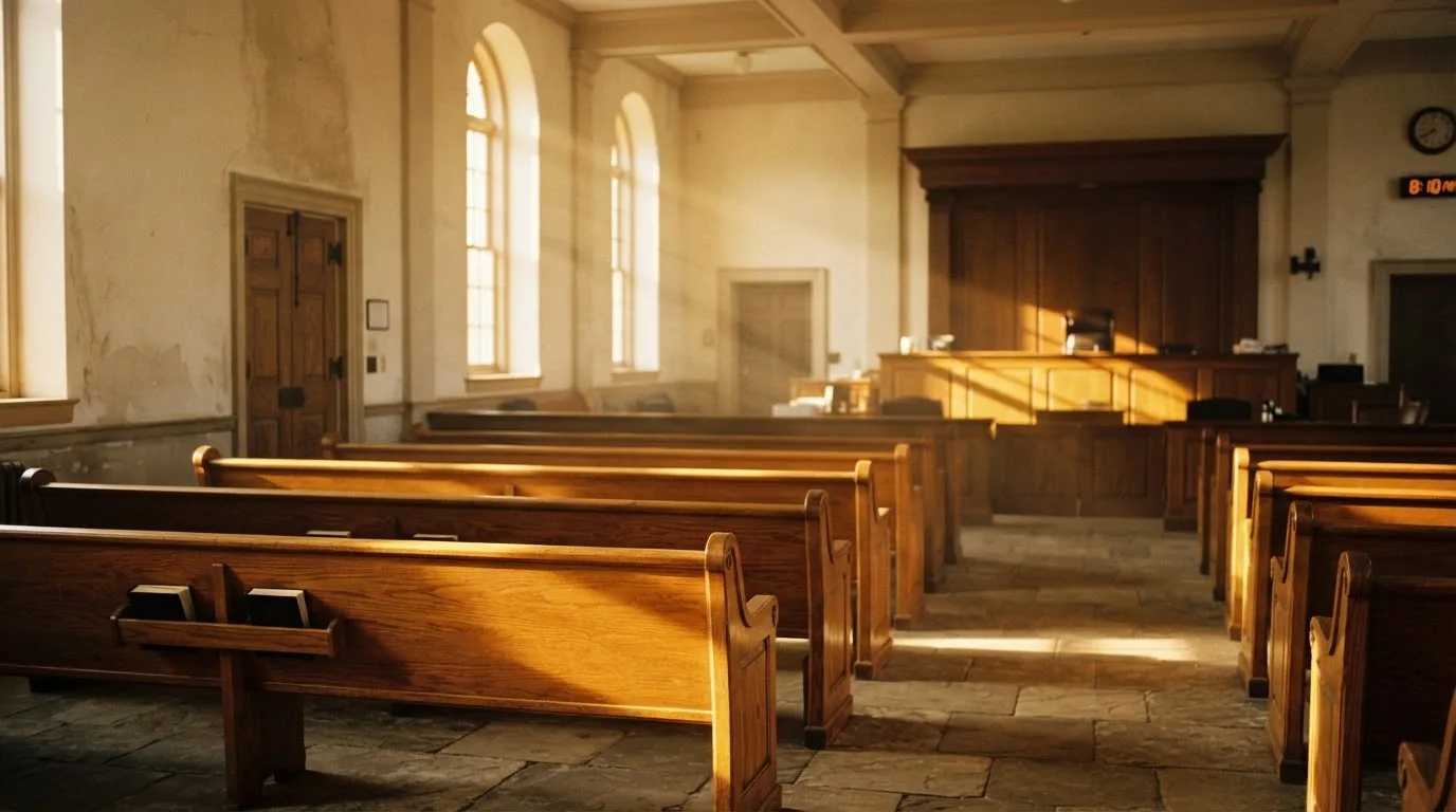 Een lege rechtszaal met houten banken in het ochtendlicht