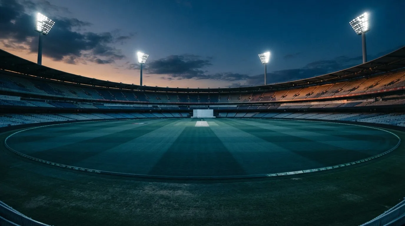 Een leeg voetbalstadion met lichtmasten bij schemering