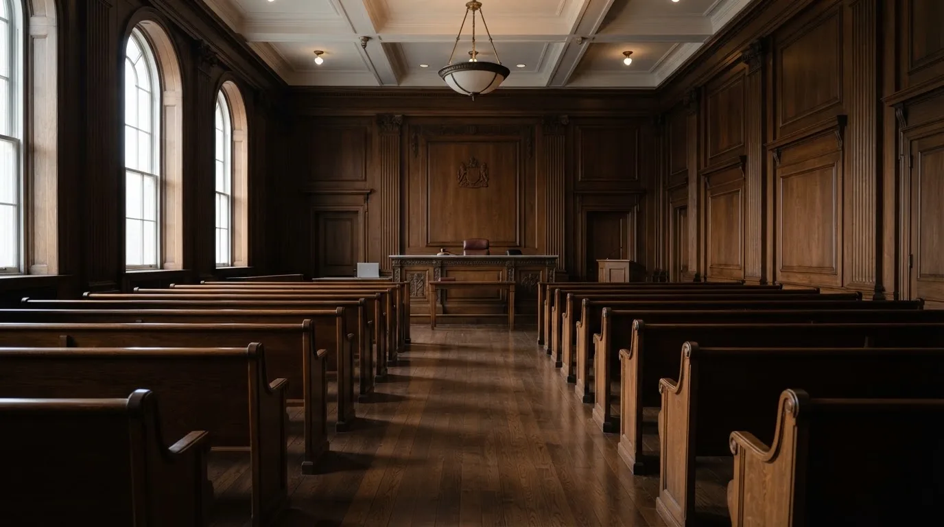 Een lege rechtszaal met houten banken in het ochtendlicht