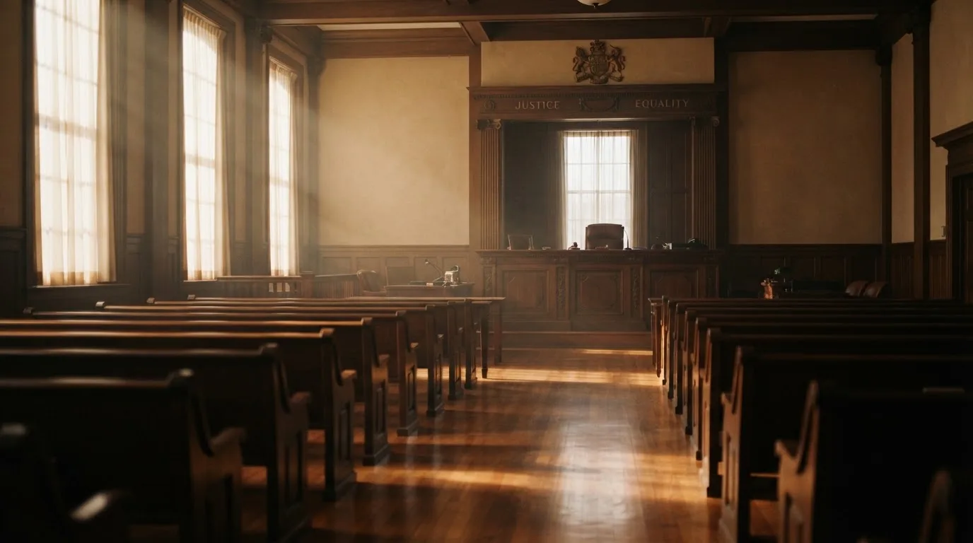Een lege rechtszaal met houten banken in het ochtendlicht