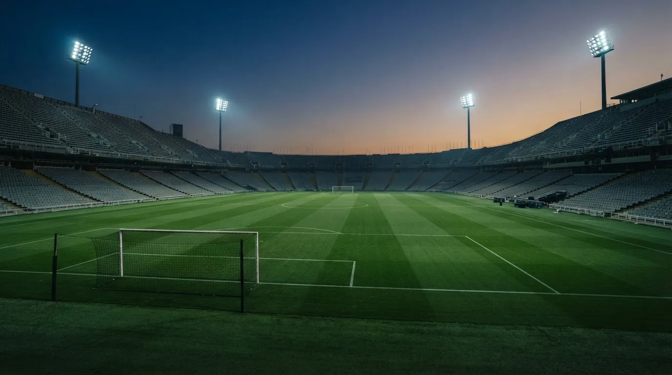 Een leeg voetbalstadion met lichtmasten bij schemering