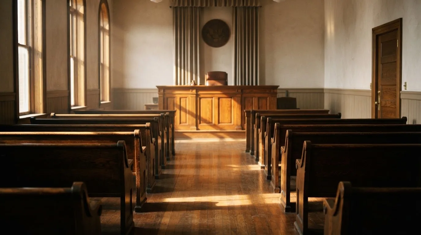 Een lege rechtszaal met houten banken in het ochtendlicht